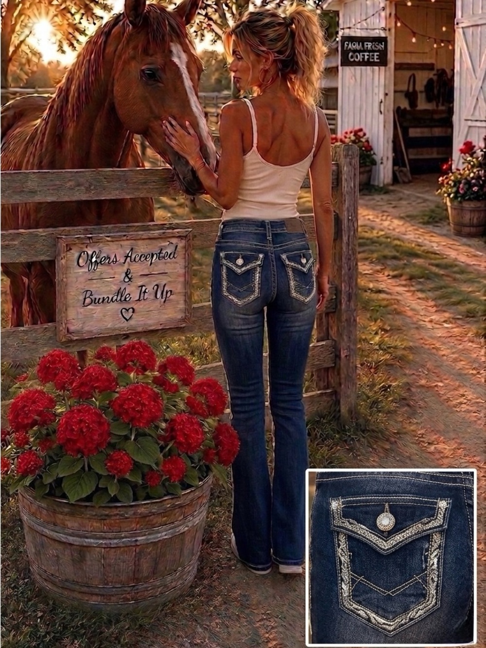 Daytrip Buckle Bootcut Jeans Dark Wash Flap Pocket Western Stretch denim.